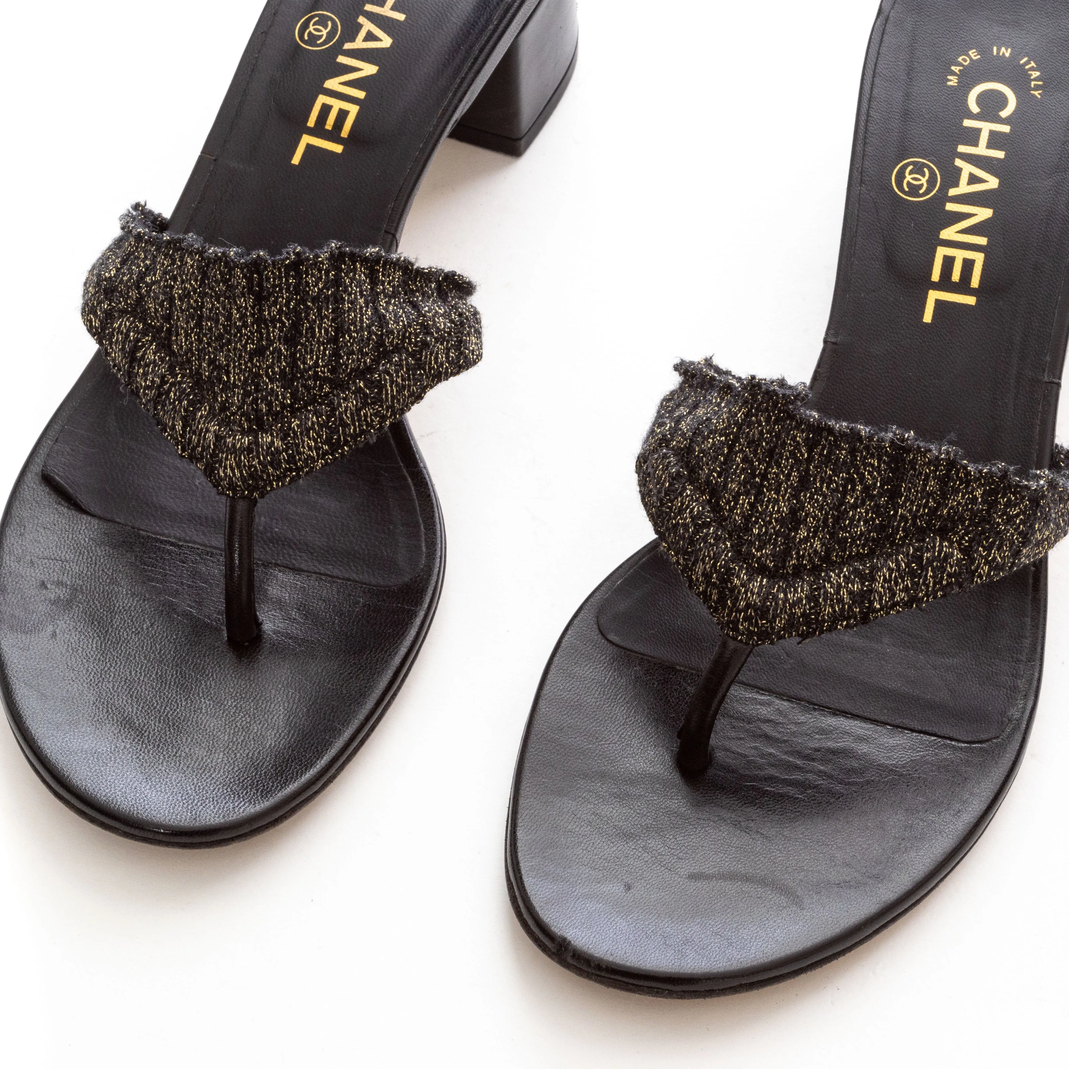 2015 Metallic Knit CC Block Heel Thong Sandals