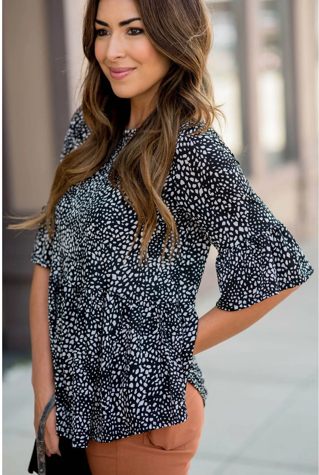 3/4 Bell Sleeve Printed Peplum Blouse