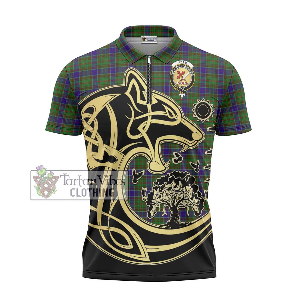 Adam Tartan Zipper Polo Shirt with Family Crest Celtic Wolf Style