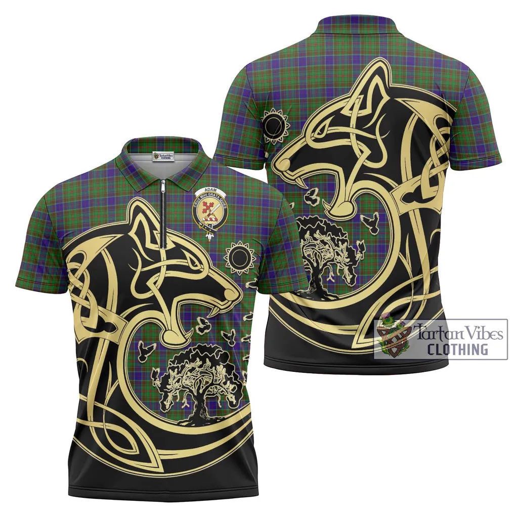 Adam Tartan Zipper Polo Shirt with Family Crest Celtic Wolf Style