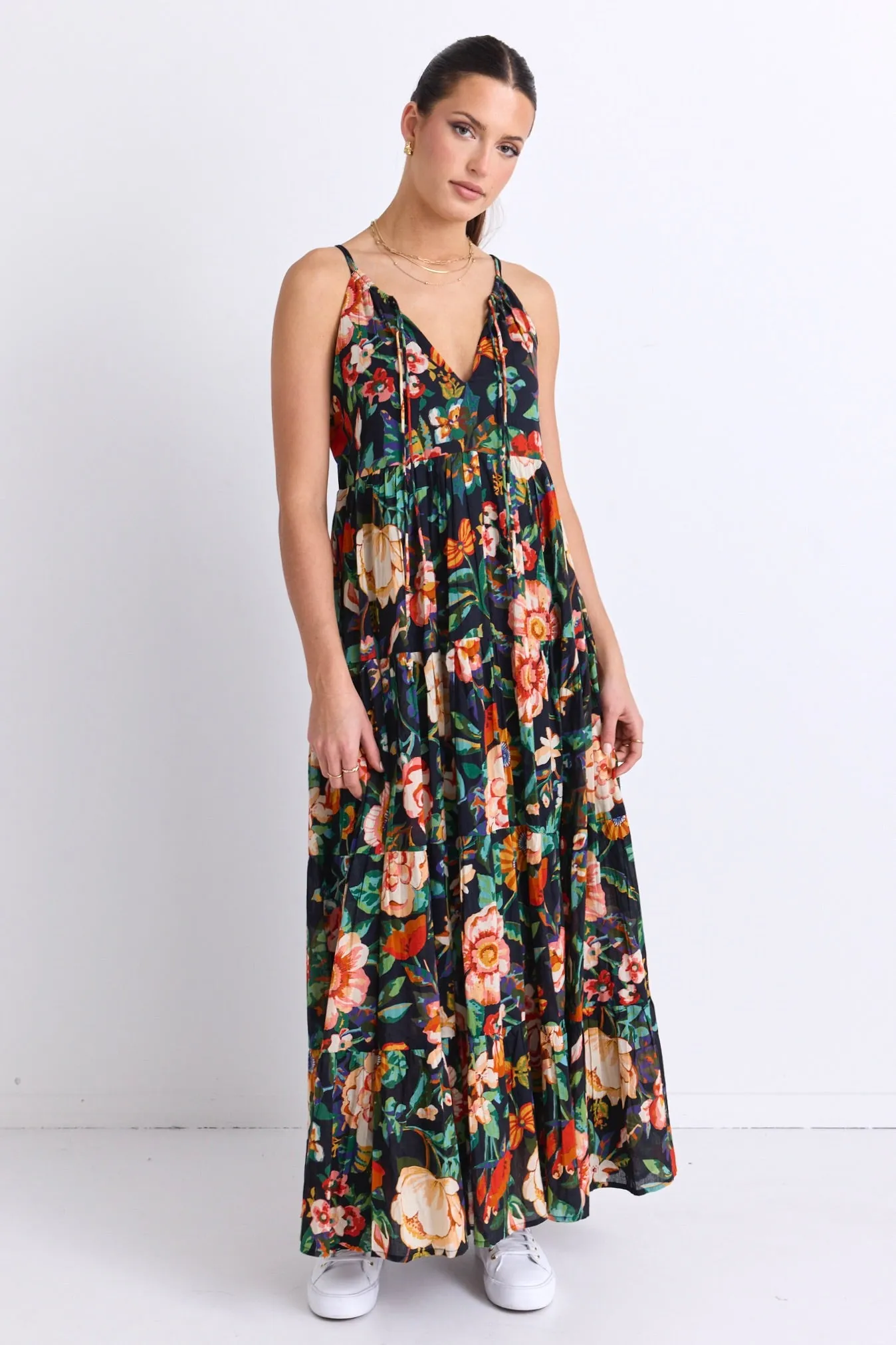 Affair Black Floral Cotton Strappy Tiered Maxi Dress