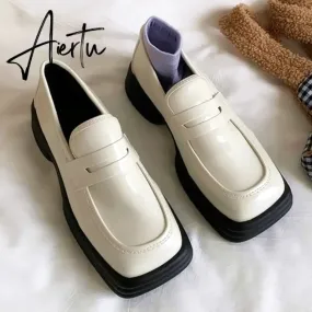 Aiertu Retro Loafers Shoes for Women JK Square Toes Mid Heels Thick Bottom Female Daily Vintage Flats for Girls Ladies Zapatillas Mujer