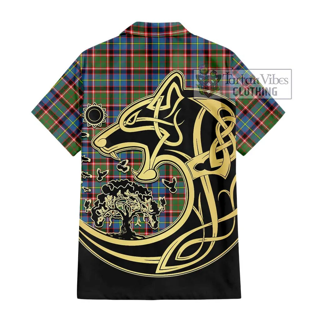 Aikenhead Tartan Short Sleeve Button Shirt with Family Crest Celtic Wolf Style