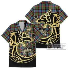 Aikenhead Tartan Short Sleeve Button Shirt with Family Crest Celtic Wolf Style