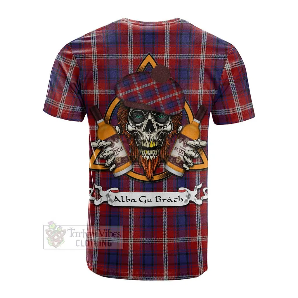 Ainslie Tartan Cotton T-shirt with Family Crest and Bearded Skull Holding Bottles of Whiskey