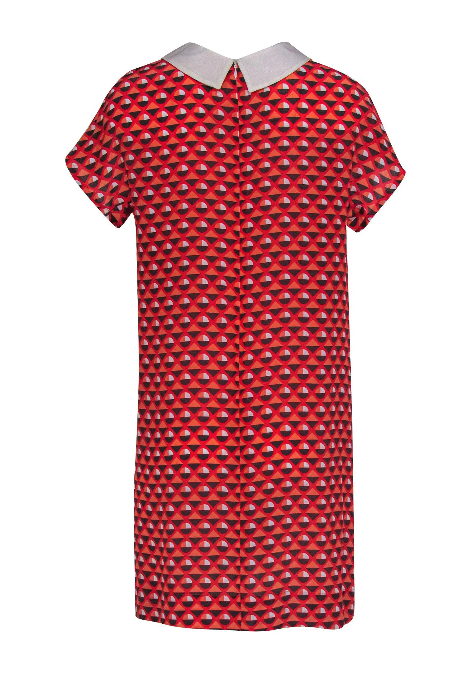 Altea - Coral, Red, & Grey Geometric Printed Short Sleeve Drress w/ Peter Pan Collar Sz S