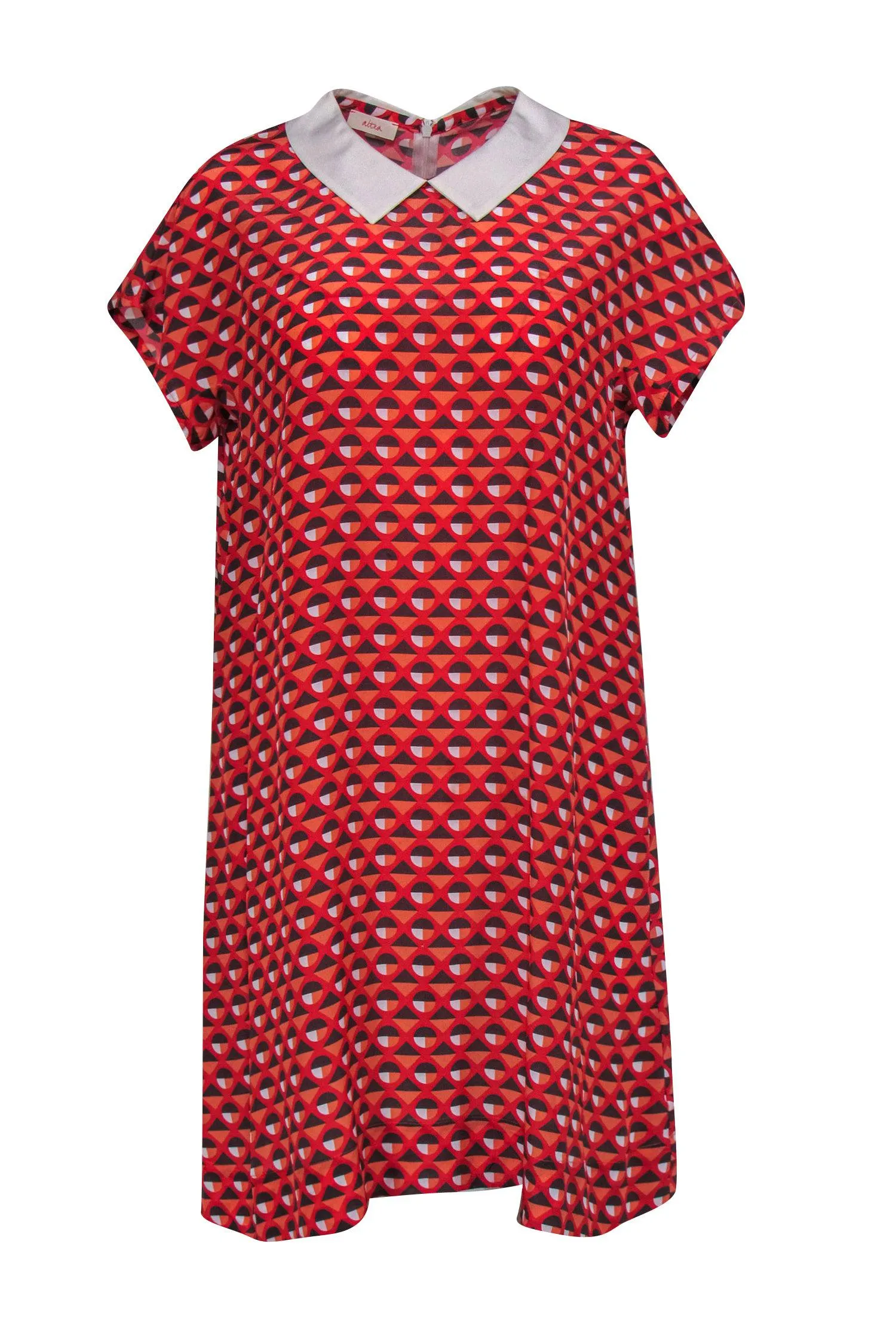 Altea - Coral, Red, & Grey Geometric Printed Short Sleeve Drress w/ Peter Pan Collar Sz S