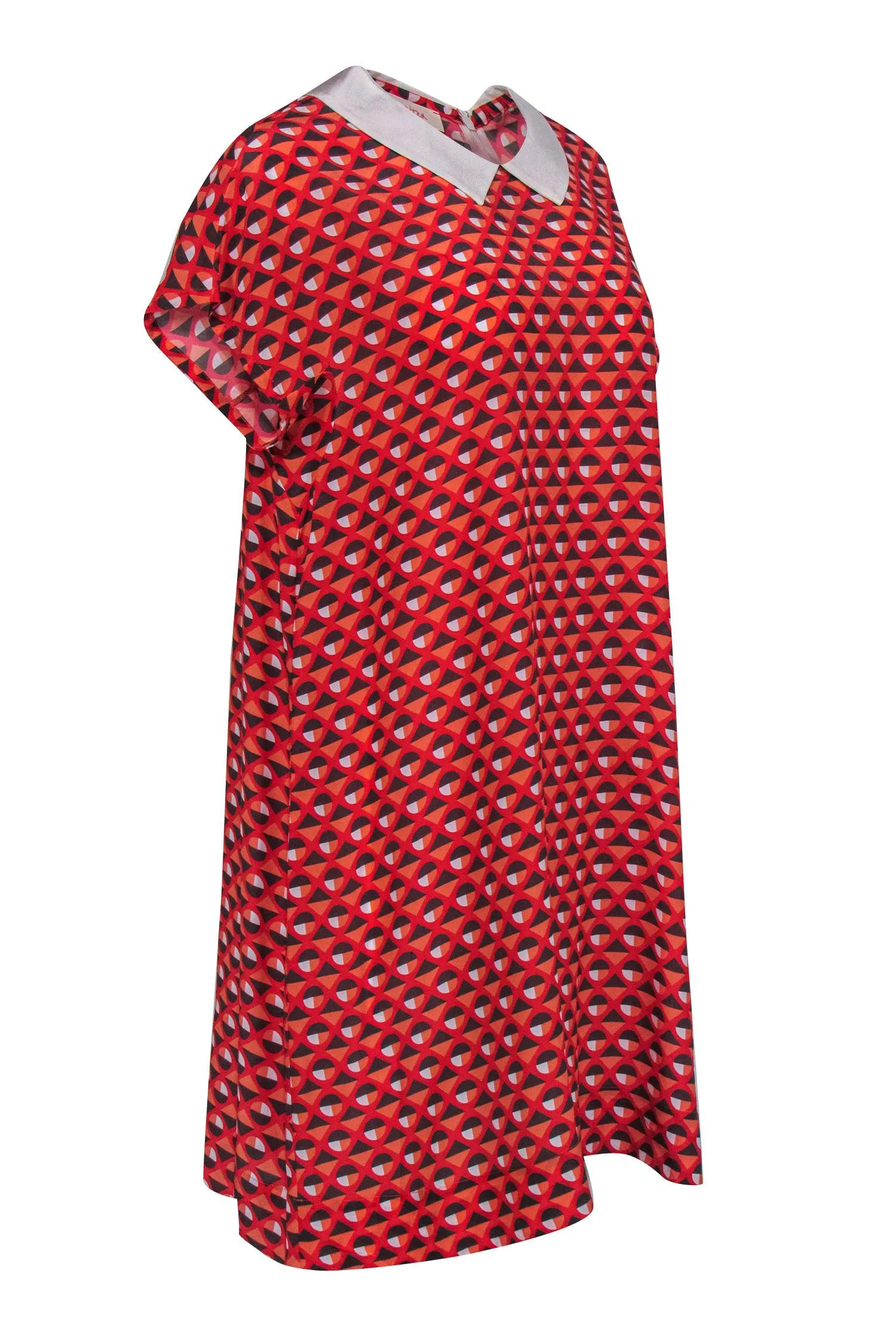 Altea - Coral, Red, & Grey Geometric Printed Short Sleeve Drress w/ Peter Pan Collar Sz S