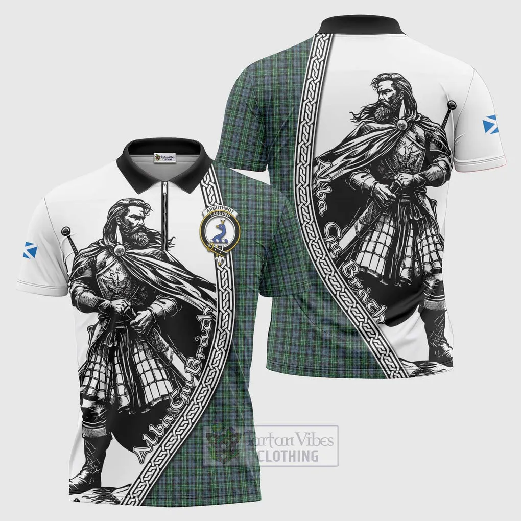 Arbuthnot Tartan Clan Crest Zipper Polo Shirt with Highlander Warrior Celtic Style