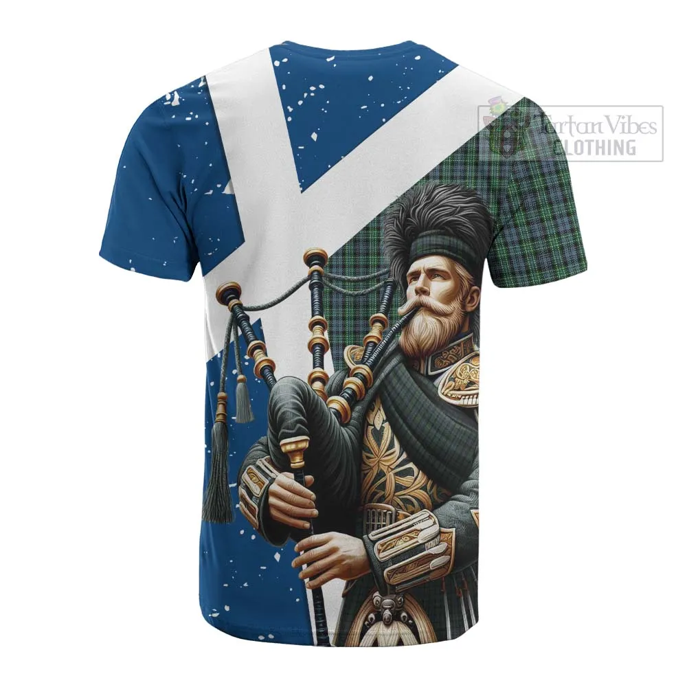 Arbuthnot Tartan Cotton T-shirt with Family Crest Scottish Bagpiper Vibes