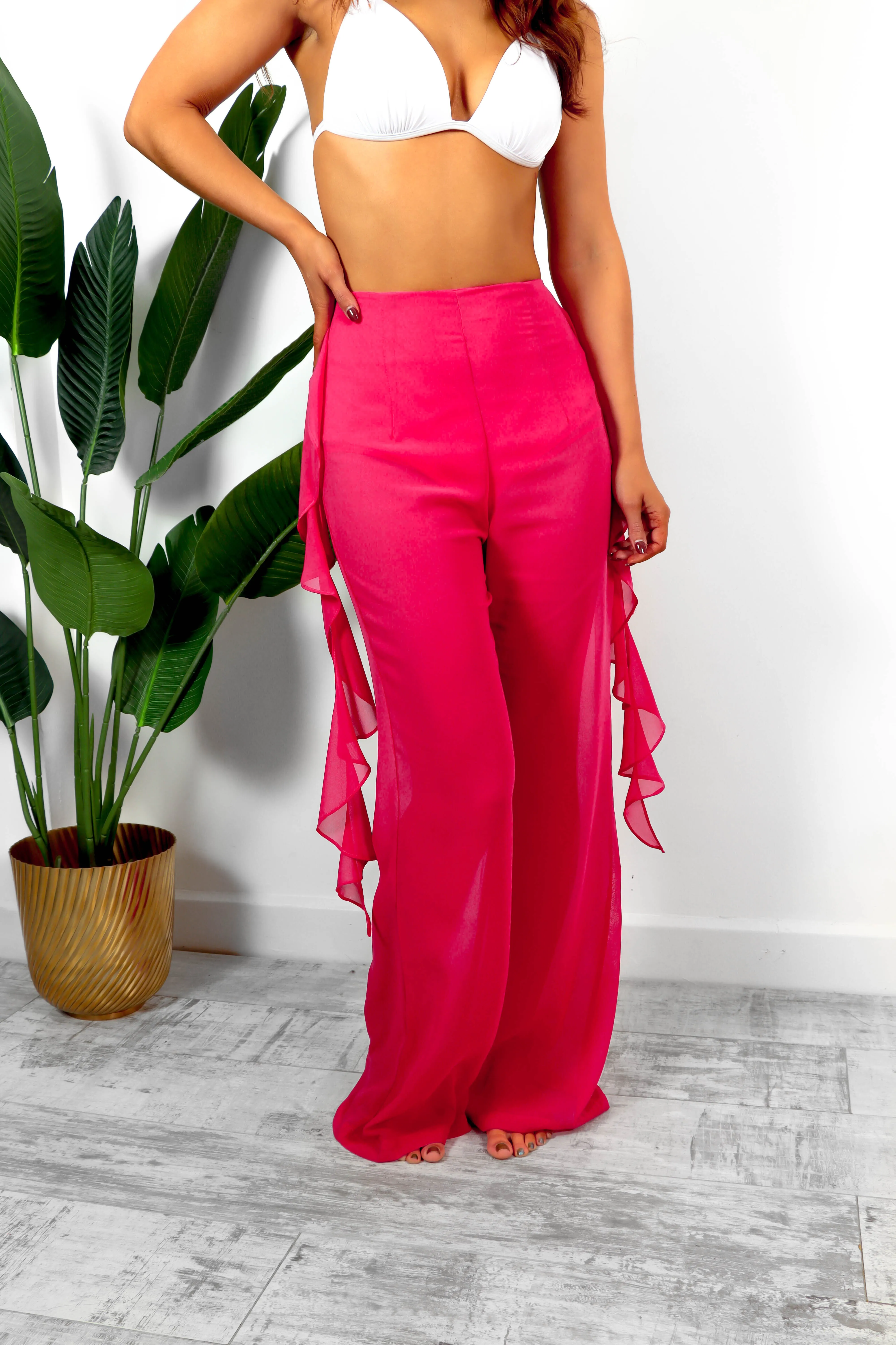 Are We Sheer - Fuchsia Ruffle Detail Sheer Trousers