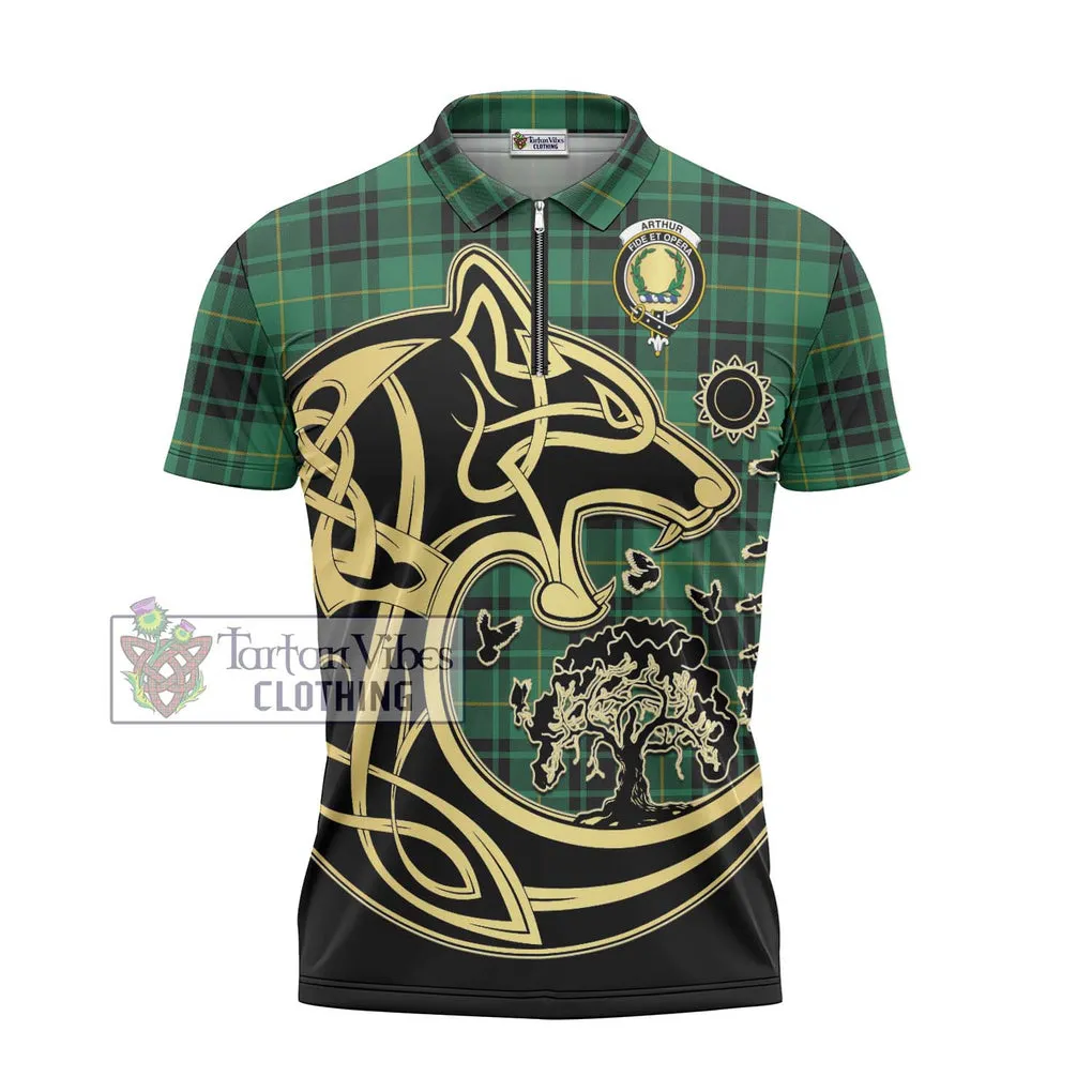 Arthur Ancient Tartan Zipper Polo Shirt with Family Crest Celtic Wolf Style