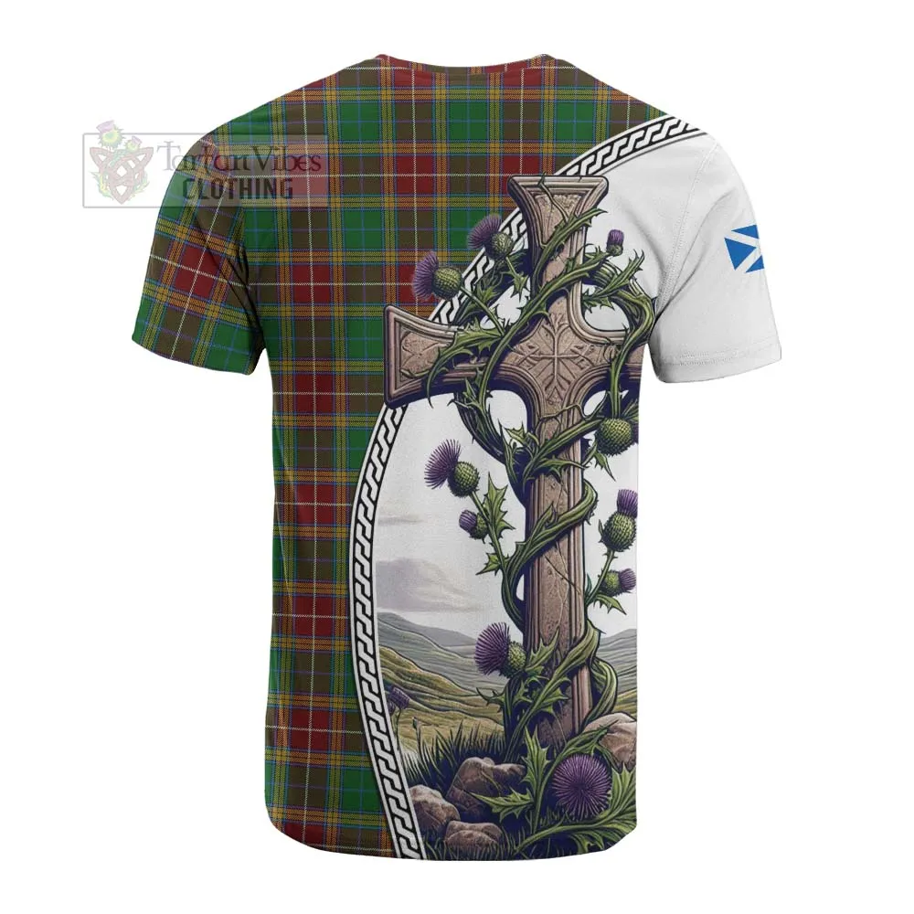 Baxter Tartan Cotton T-shirt with Family Crest and St. Andrew's Cross Accented by Thistle Vines