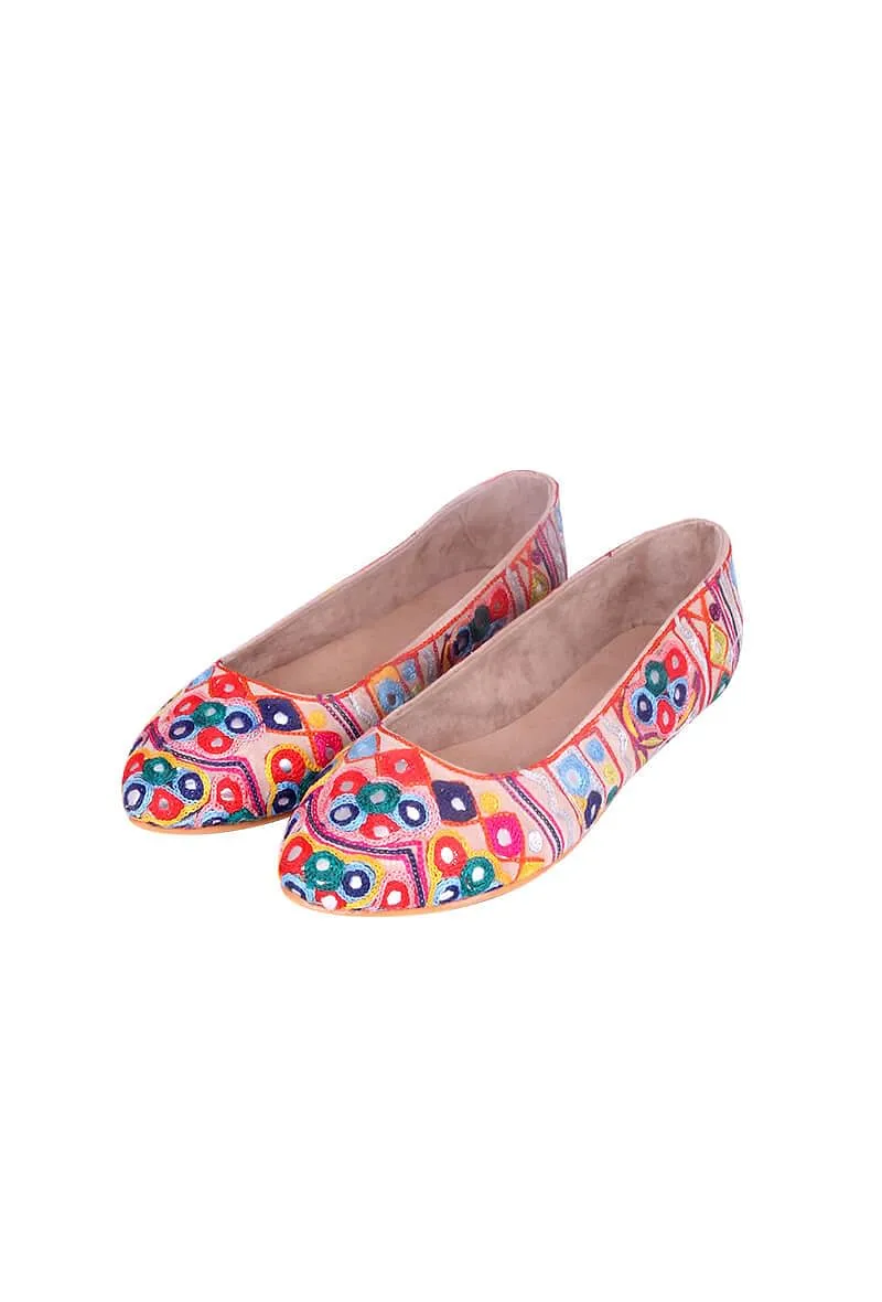 Beige Chomuk Mirror Embroidery Suede Kutch Ballerina Flats