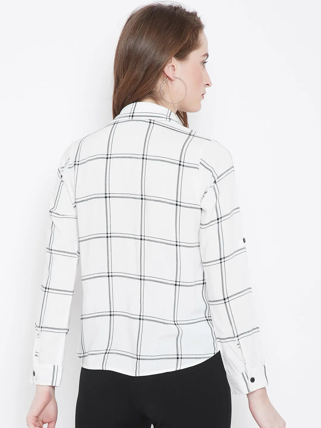 Berrylush Women White & Black Check Patterned Collar-Neck Shirt Style Top