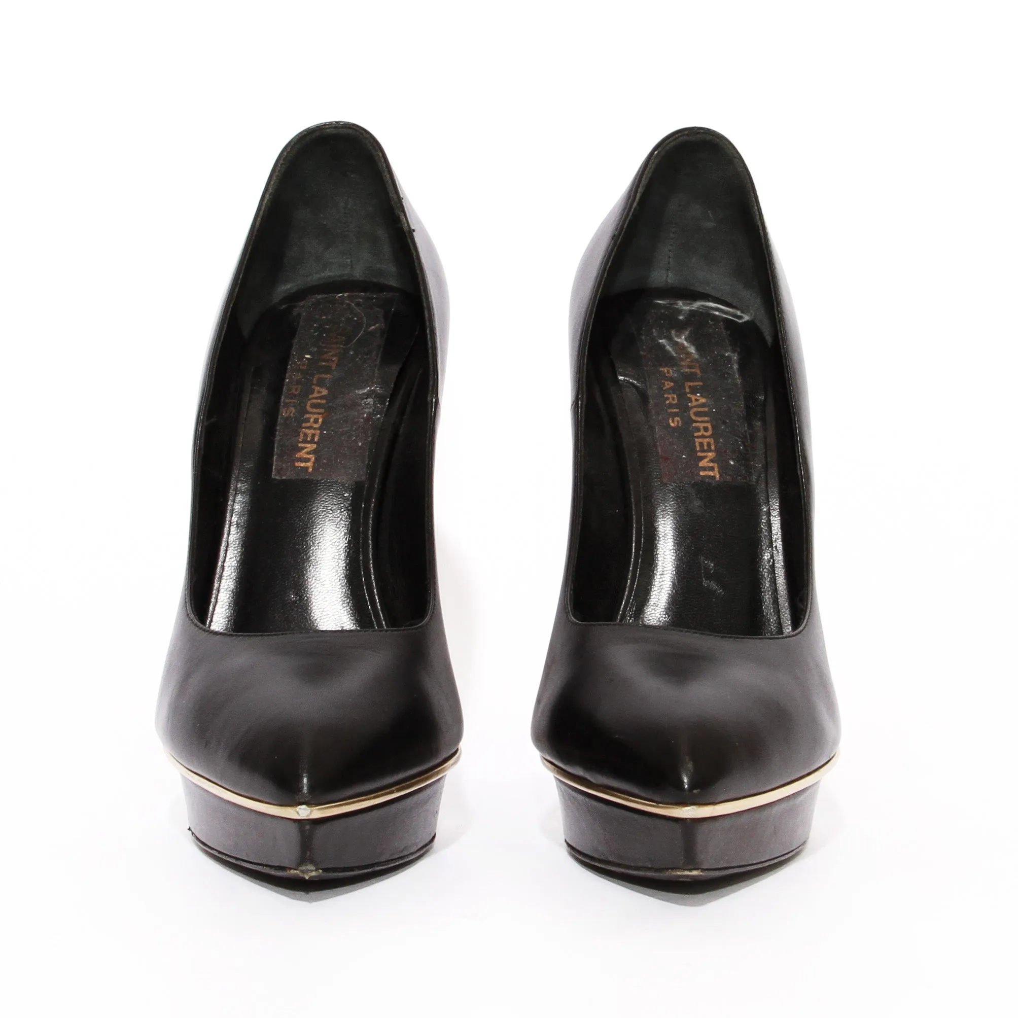 Black Leather and Gold Trim Platform Pumps