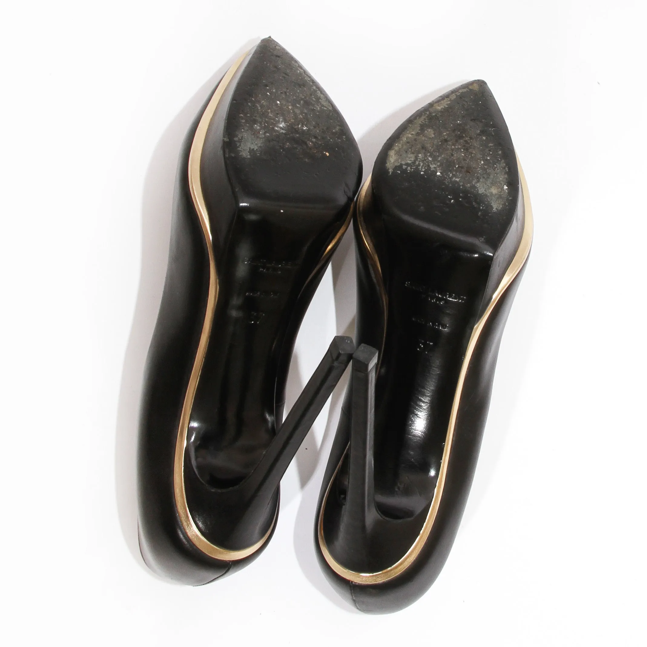 Black Leather and Gold Trim Platform Pumps