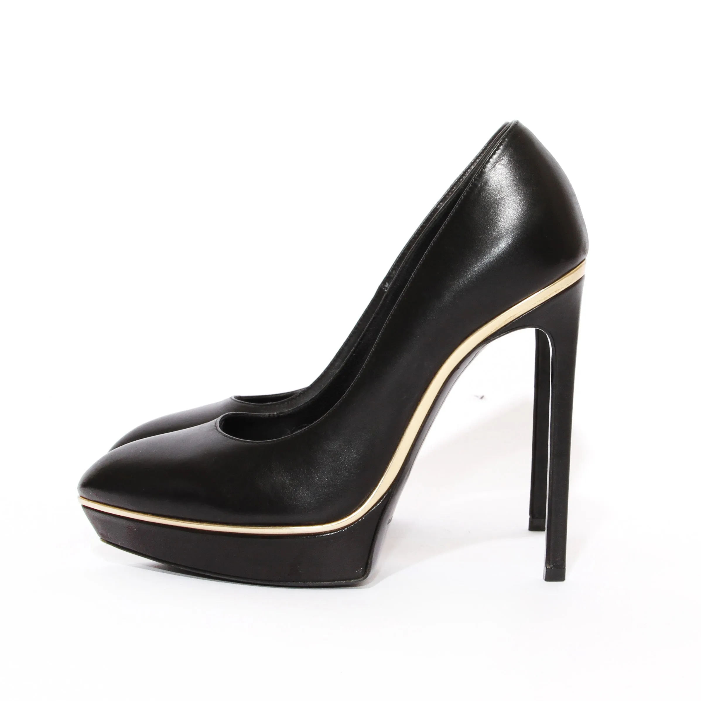 Black Leather and Gold Trim Platform Pumps