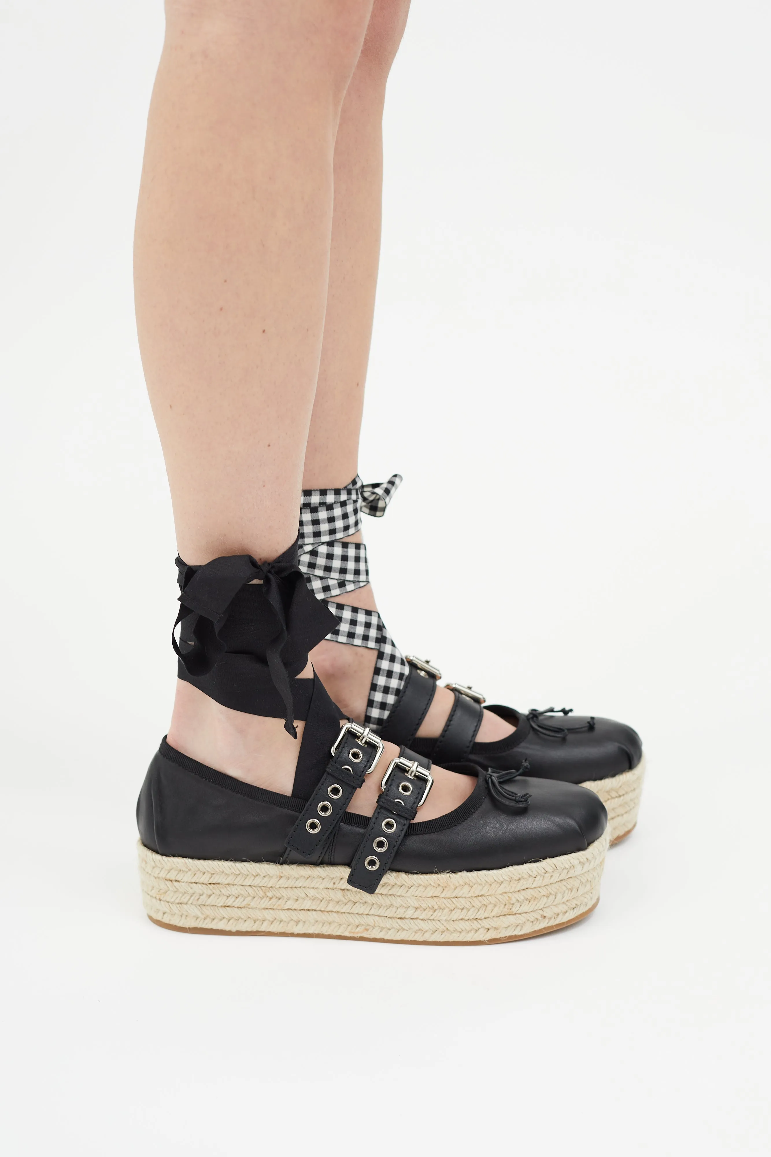 Black Leather Buckled Platform Espadrille Ballet Flat