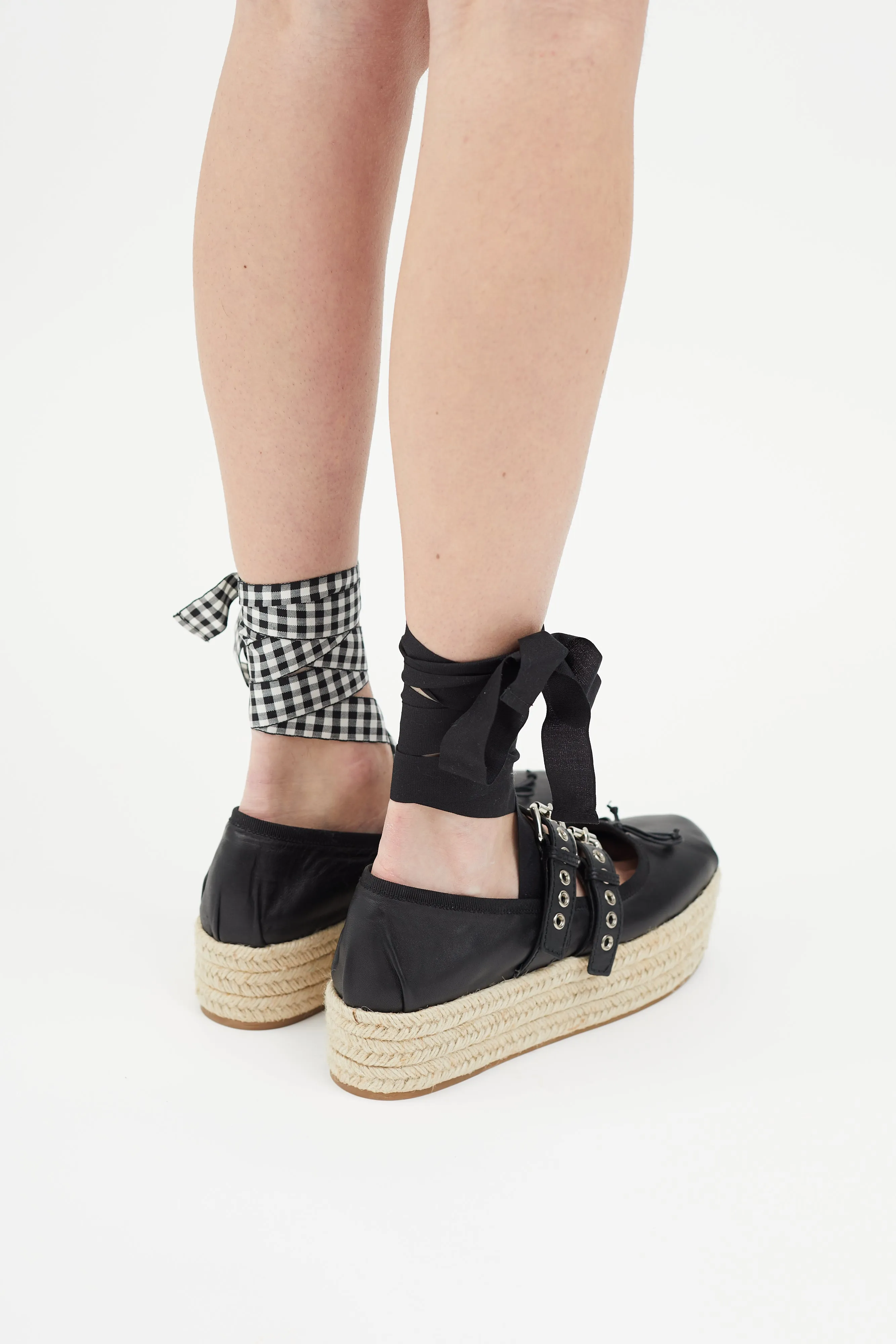 Black Leather Buckled Platform Espadrille Ballet Flat