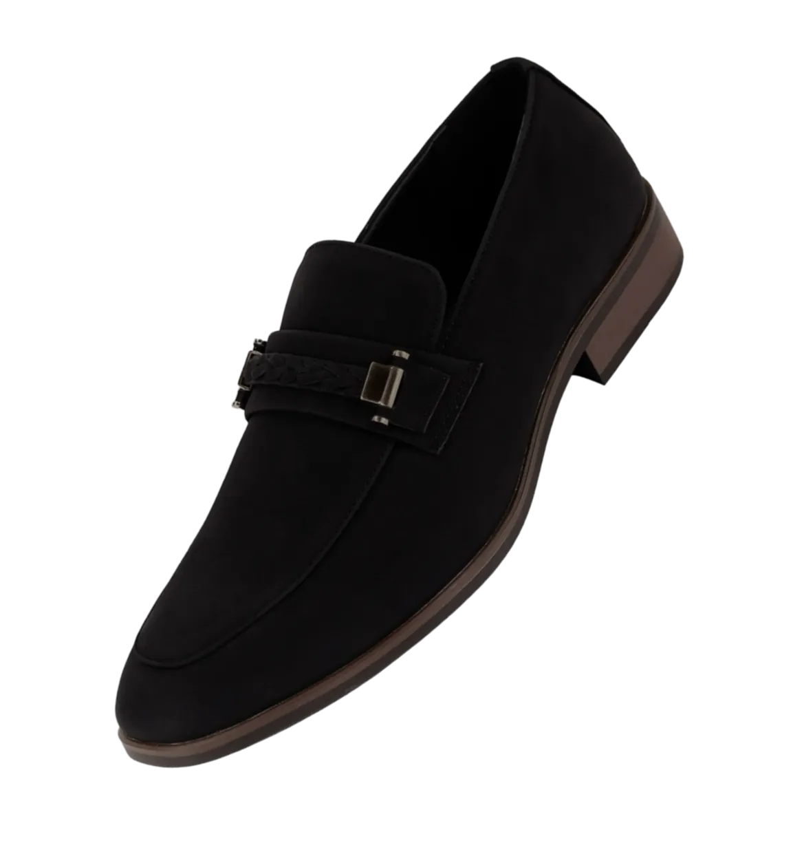 Black Men's Slip-on Suede Loafer Shoes with Metal and Braid Buckle