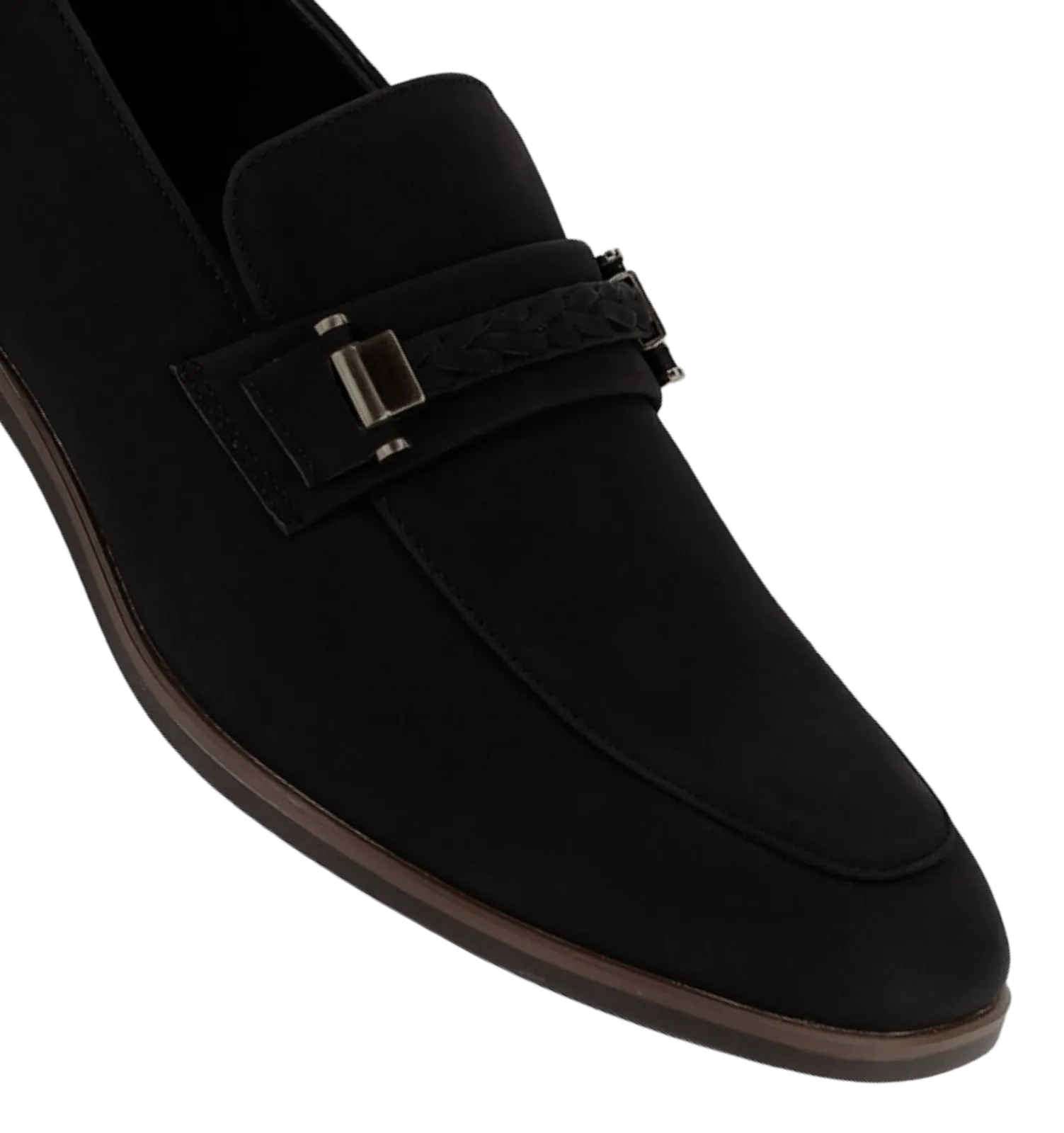 Black Men's Slip-on Suede Loafer Shoes with Metal and Braid Buckle