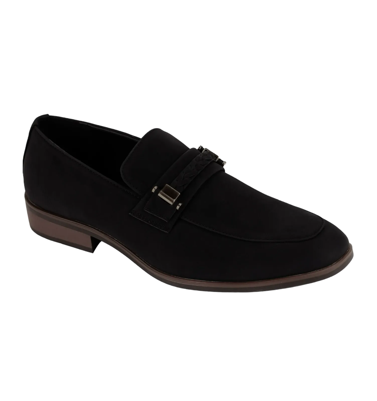 Black Men's Slip-on Suede Loafer Shoes with Metal and Braid Buckle