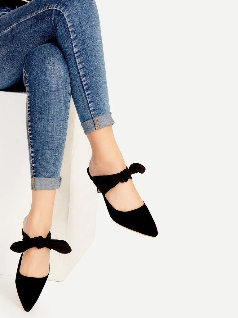 Black Point Toe Bow Tie Heeled Mules