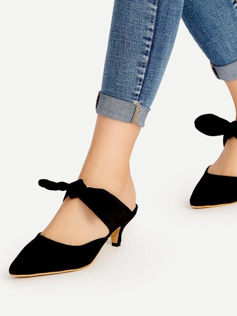 Black Point Toe Bow Tie Heeled Mules