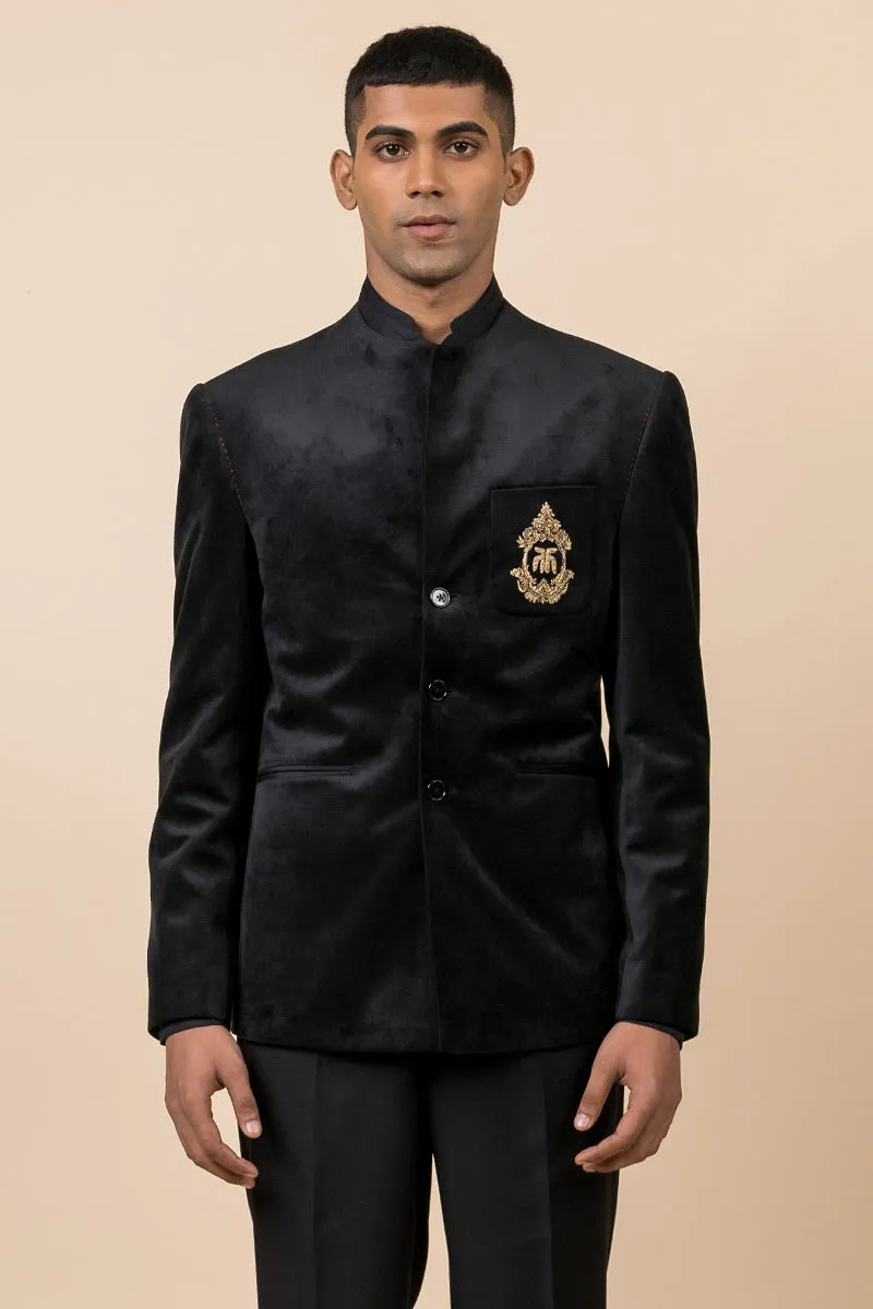 Black Velvet Bandhgala With Embroidered Crest