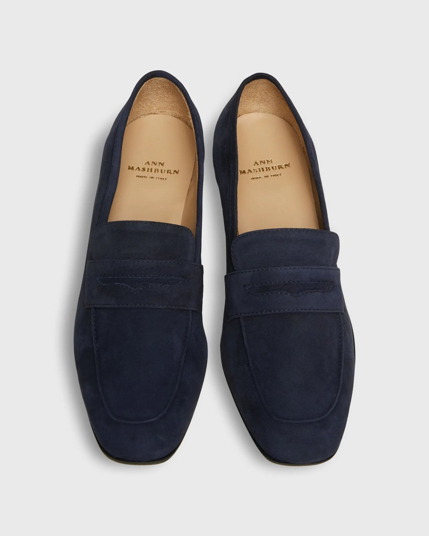 Block Heel Penny Loafer in Navy Suede