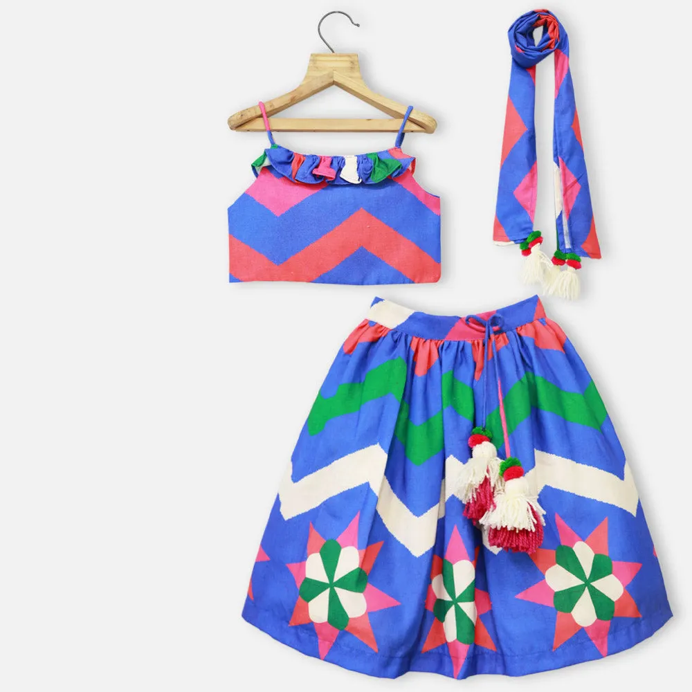 Blue Chevron Printed Cotton Choli With Lehenga & Dupatta