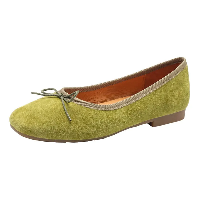 Bow-Detail Suede Leather Slip-on For Women Handmade Soft Flats Green/Yellow/Khaki/Apricot/Pink