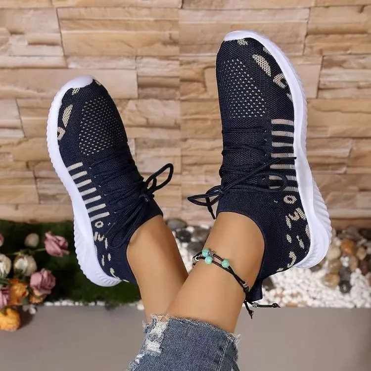 Breathable Leopard Mesh Lace Up Sneakers