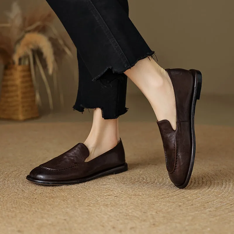 British Style Women Flats Slip On Leather Loafers in Brown/Coffee/Black