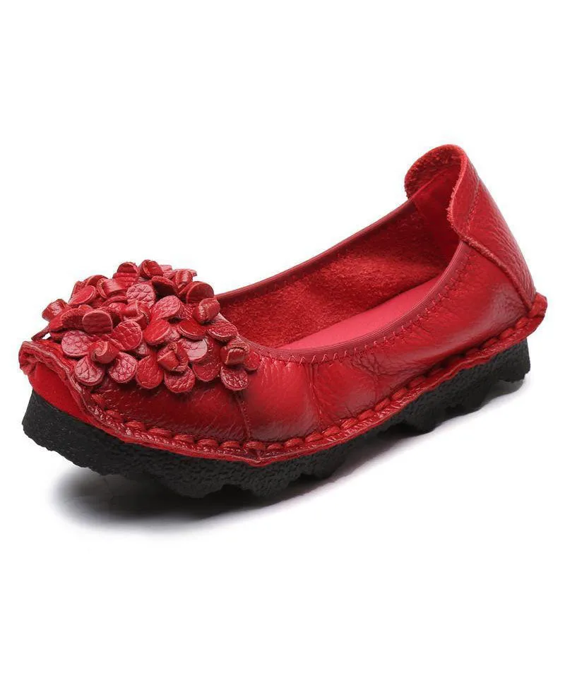 Casual Floral Penny Loafers Red Cowhide Leather LY0178