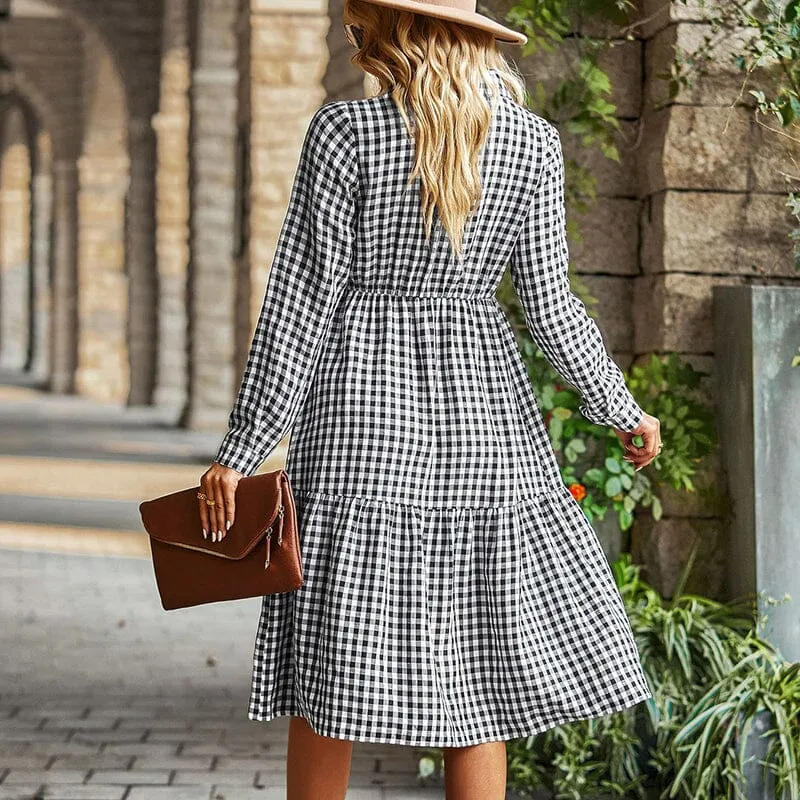 Check Swing Long Sleeve Dress