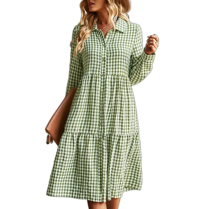 Check Swing Long Sleeve Dress