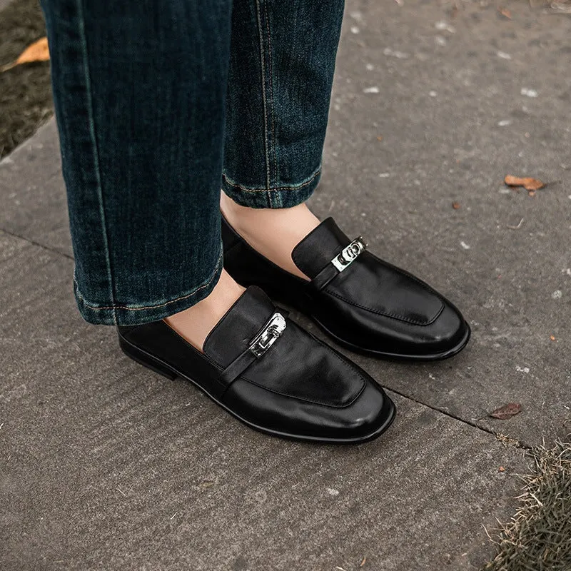 Classic Block Heel Leather Loafers for Women with Metal Buckle in Brown/Black