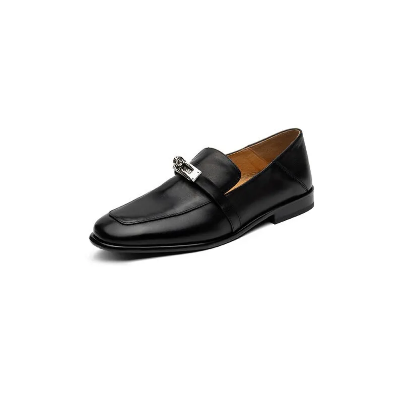 Classic Block Heel Leather Loafers for Women with Metal Buckle in Brown/Black