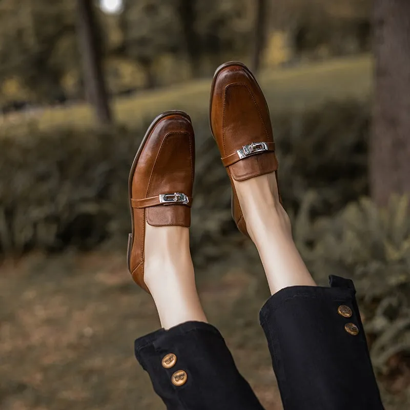 Classic Block Heel Leather Loafers for Women with Metal Buckle in Brown/Black