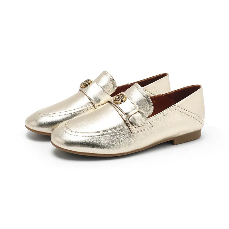 Classic Camellia-Detailed Leather Loafers for Women in Silver/Golden