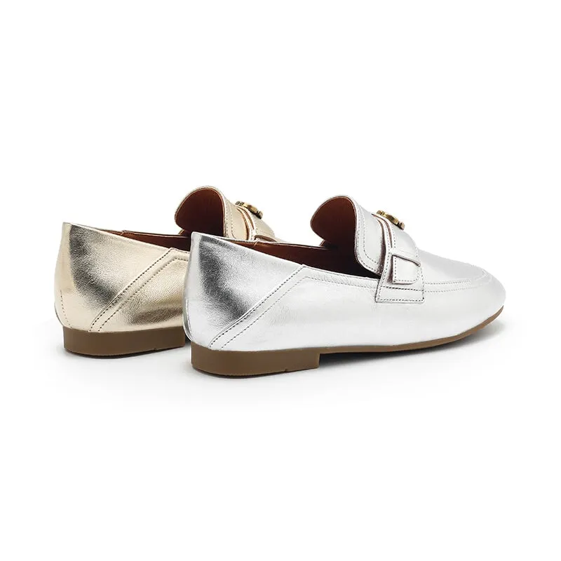 Classic Camellia-Detailed Leather Loafers for Women in Silver/Golden