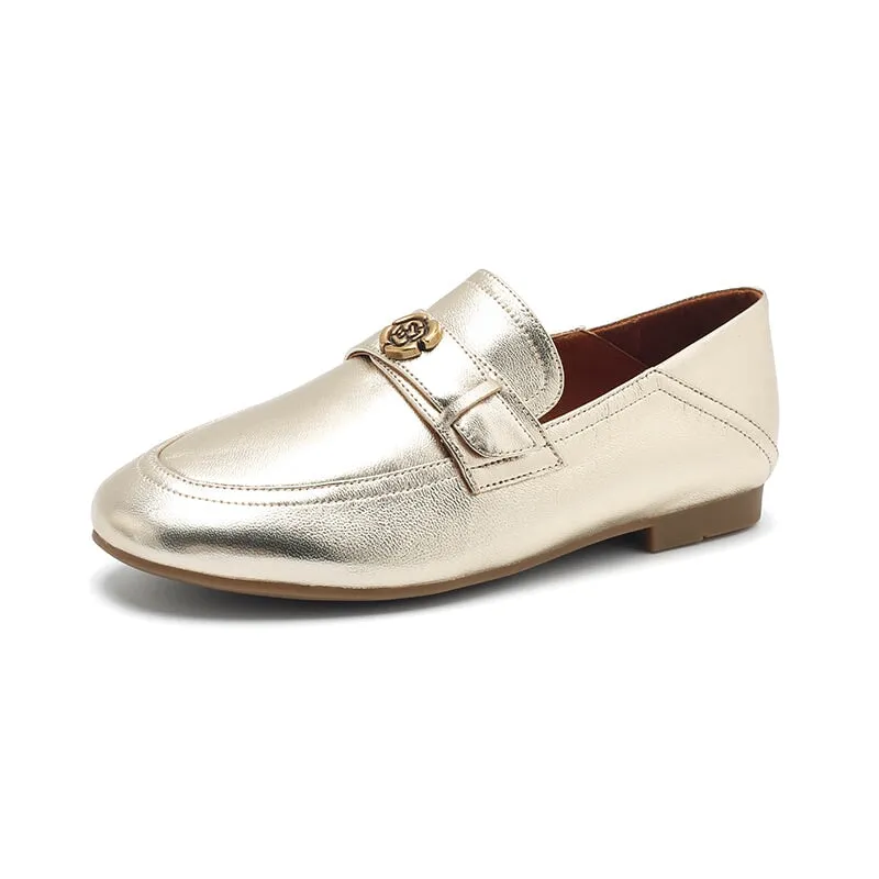 Classic Camellia-Detailed Leather Loafers for Women in Silver/Golden