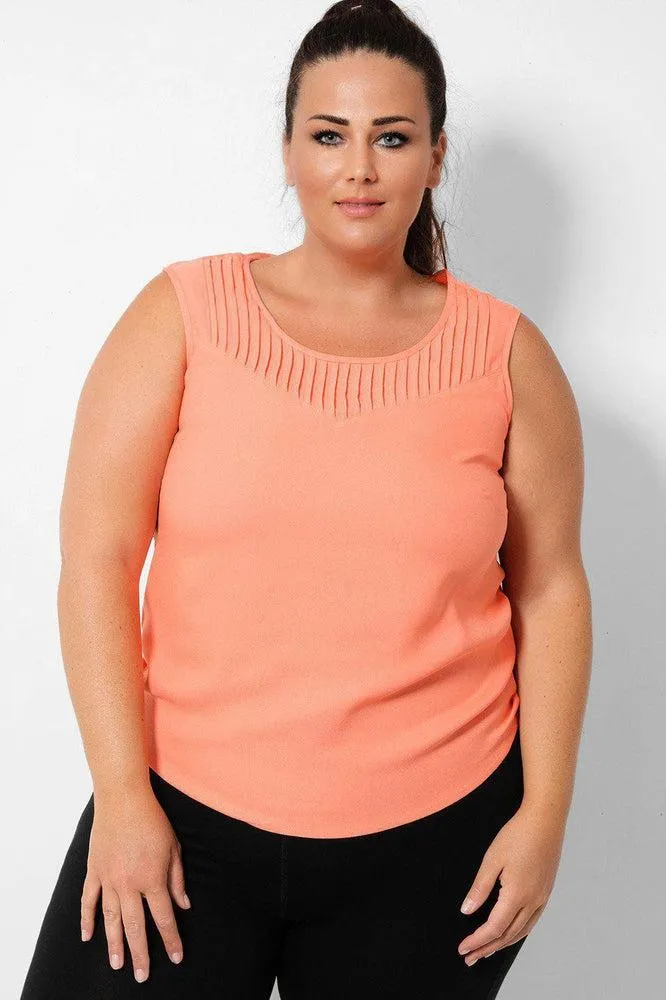 Coral Pleated Neck Detail Sleeveless Top