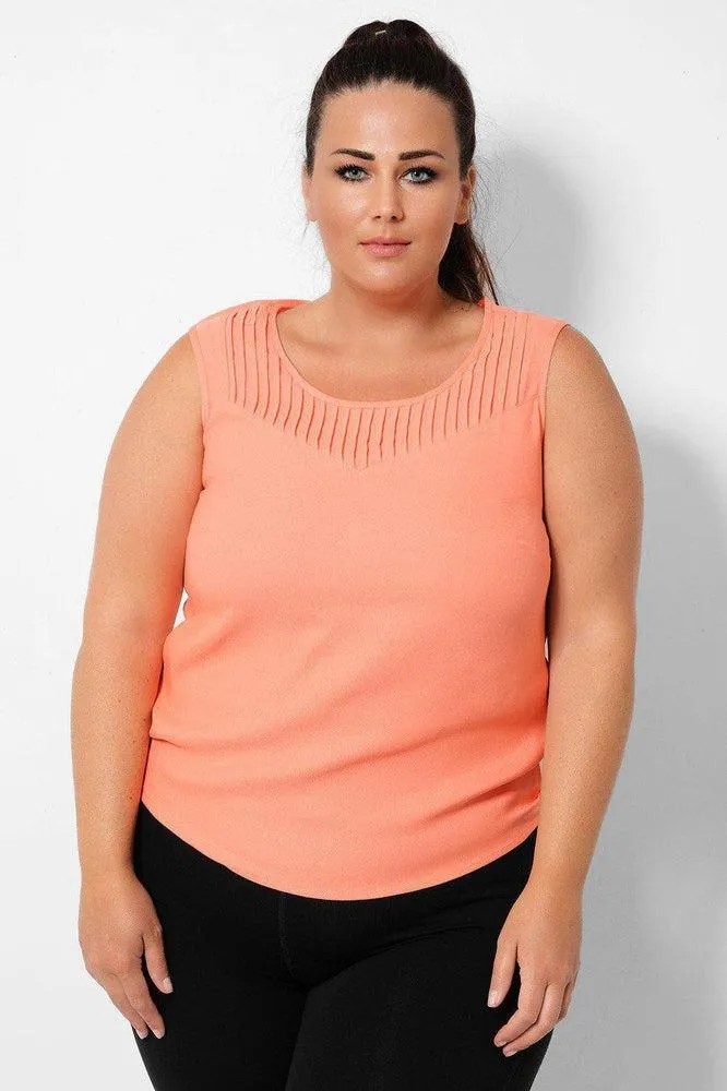 Coral Pleated Neck Detail Sleeveless Top