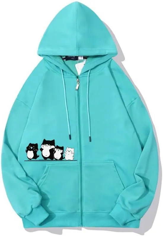 CORIRESHA Cute Cat Hoodie Sweatshirt Long Sleeve Drawstring Fall Zip Jacket