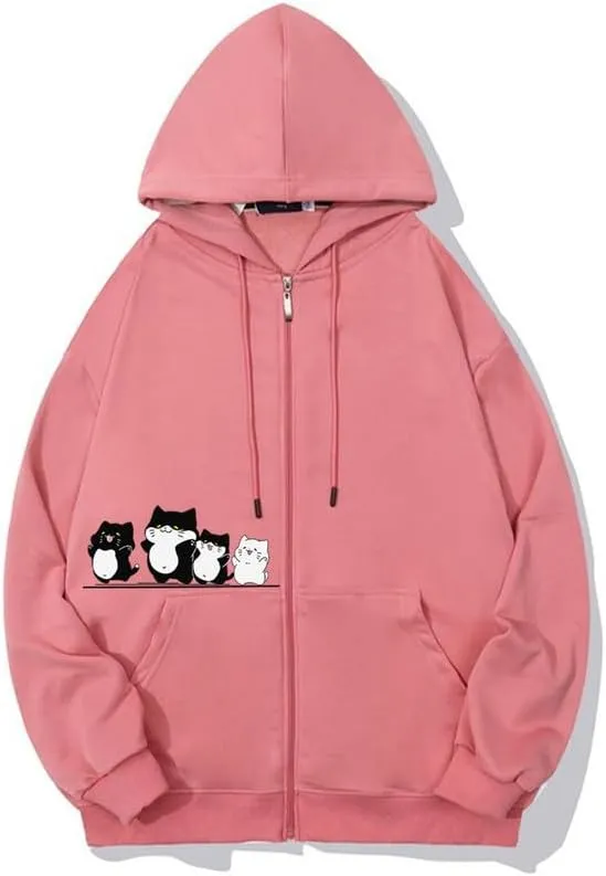 CORIRESHA Cute Cat Hoodie Sweatshirt Long Sleeve Drawstring Fall Zip Jacket