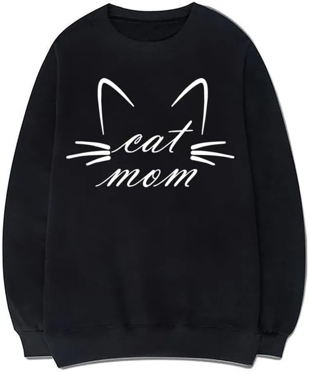 CORIRESHA Funny Cat Face Round Neck Long Sleeve Soft Cotton Cute Pullover Sweatshirt