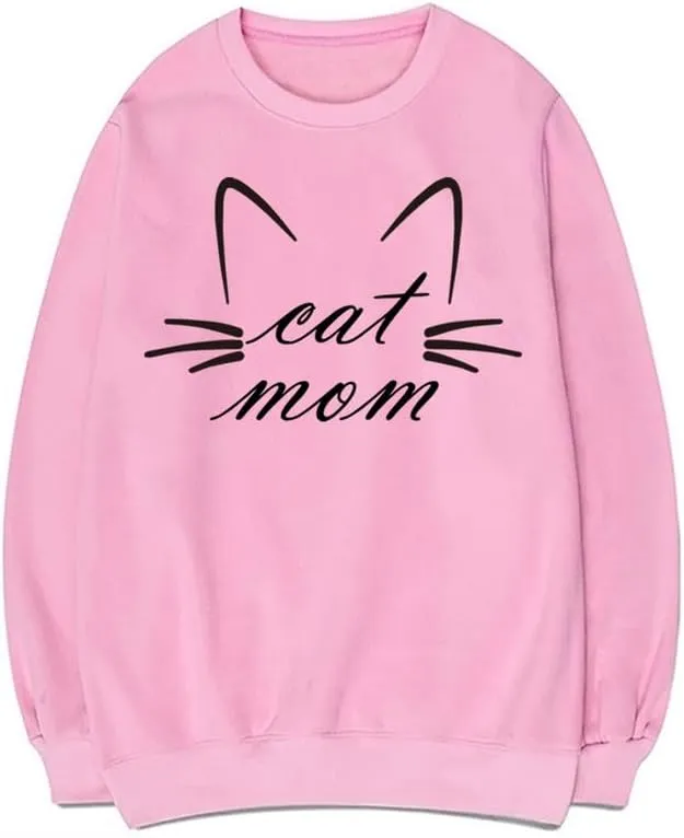 CORIRESHA Funny Cat Face Round Neck Long Sleeve Soft Cotton Cute Pullover Sweatshirt